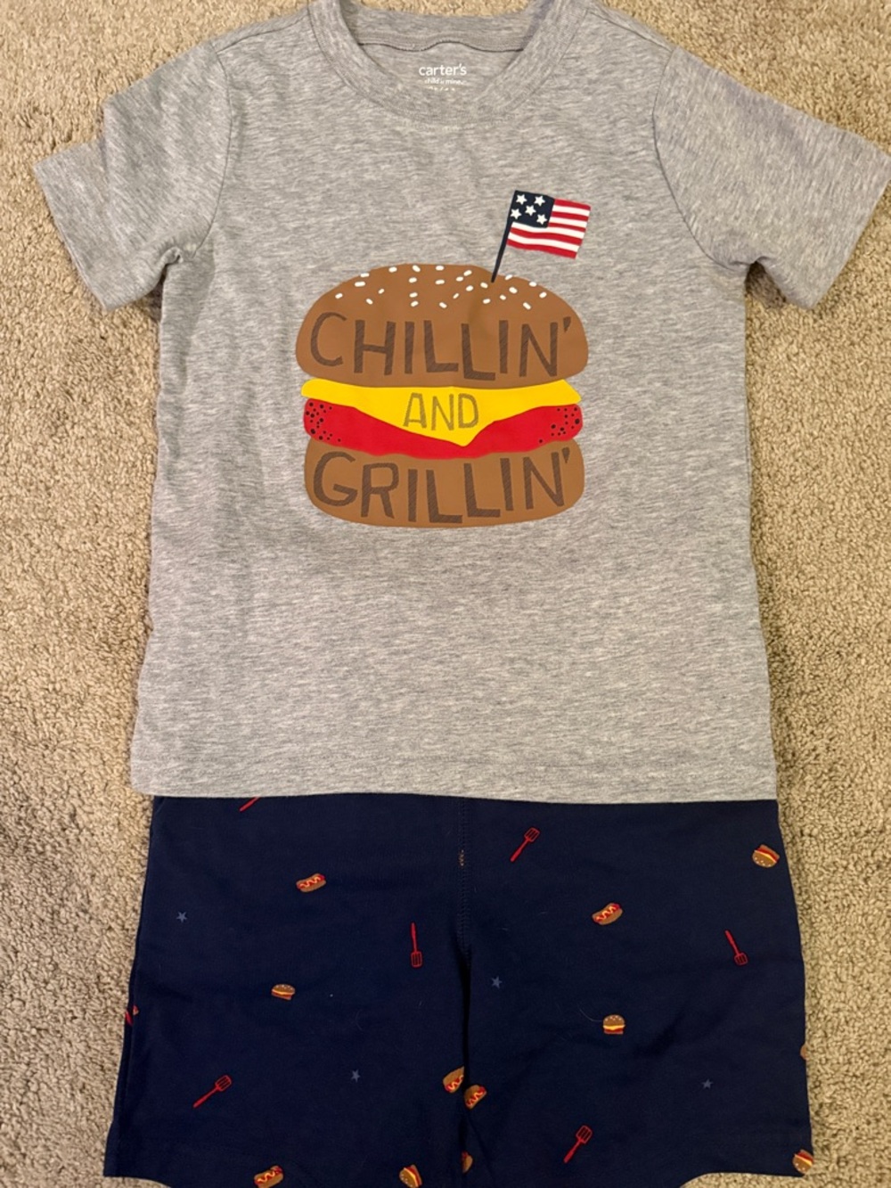 Carter's Gray Tee with Burger Graphic and Navy Shorts Set